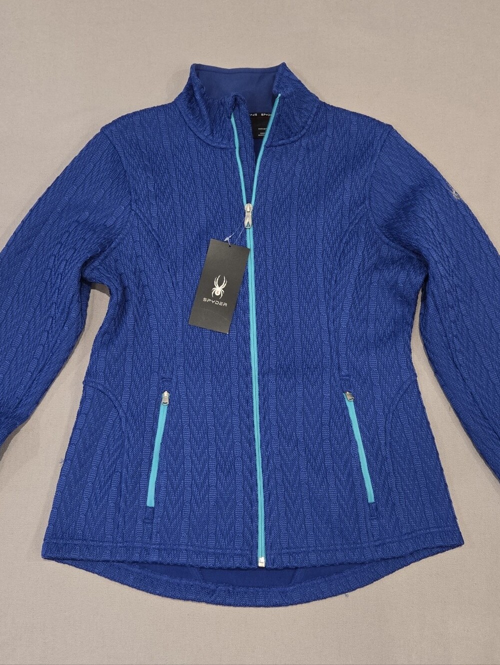 Spyder Woman Major Stryke Cable Knit Jacket Fleece Lined Size Large Blue NWT